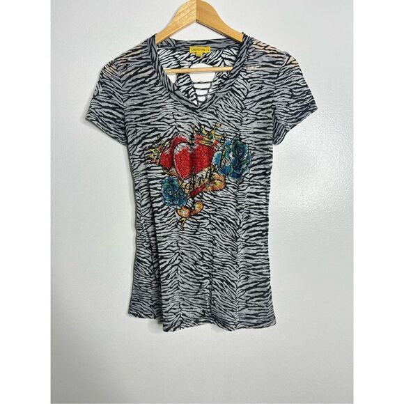 Vintage Y2K short sleeve angel bedazzled zebra print tee sz S - Picture 1 of 7